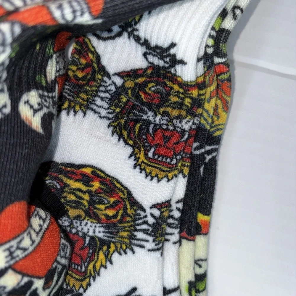 Ed Hardy 3 Pair Crew Socks Skull Tiger Tattoo Flames Black Multicolor New